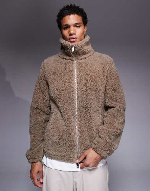 ASOS DESIGN oversized funnel neck zip-through borg sweatshirt in beige
