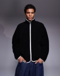 [ASOS DESIGN] ASOS DESIGN oversized funnel neck zip through borg sweatshirt in black L BLACK