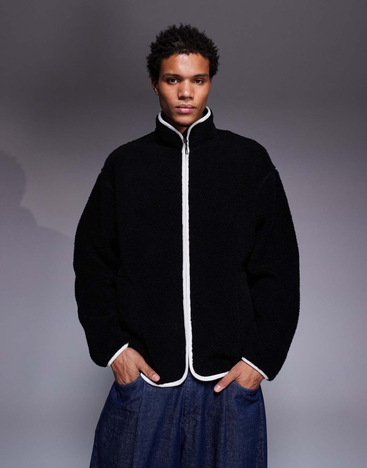 ASOS DESIGN oversized funnel neck zip through borg sweatshirt in black