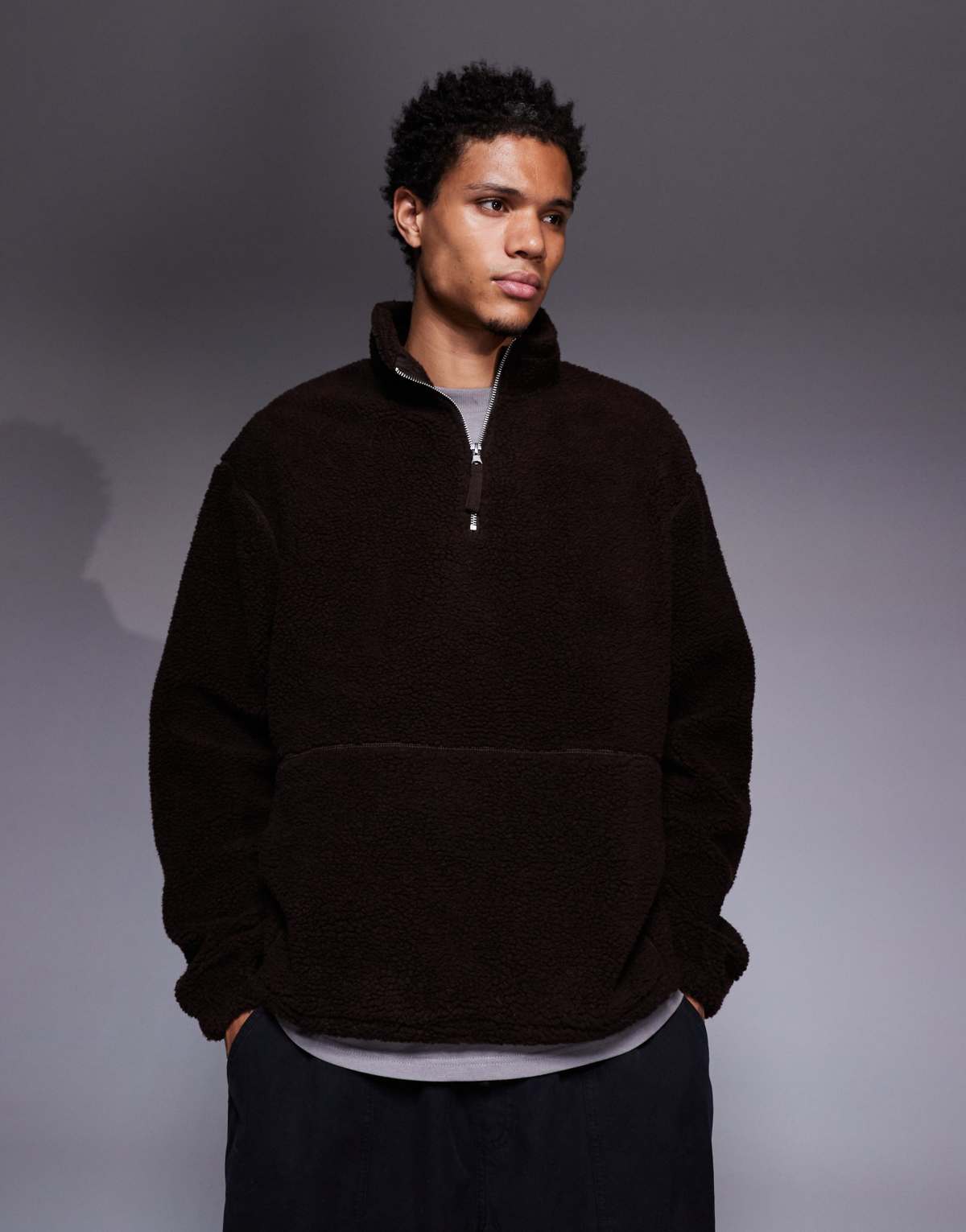 ASOS DESIGN oversized funnel neck zip through borg sweatshirt in brown