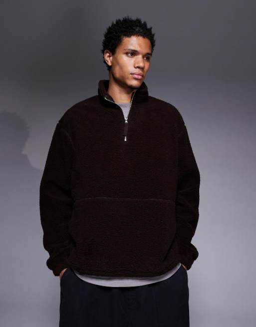 ASOS DESIGN oversized funnel neck zip through borg sweatshirt in brown
