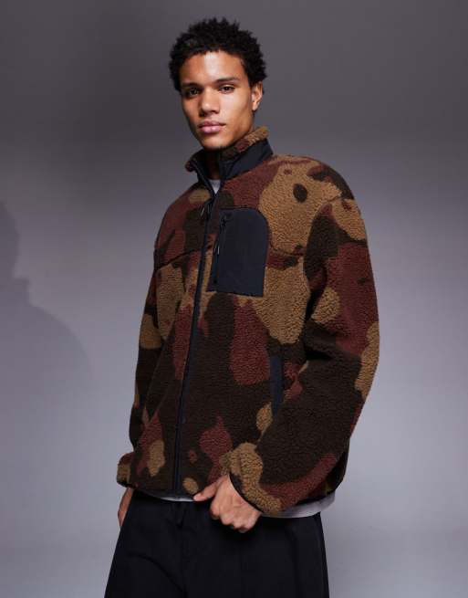 ASOS DESIGN oversized funnel neck zip-through borg sweatshirt in camo colours