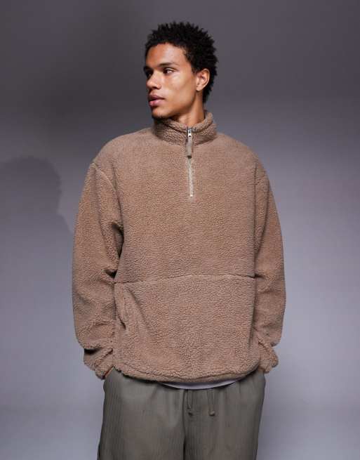 ASOS DESIGN oversized funnel neck zip through borg sweatshirt in dark beige