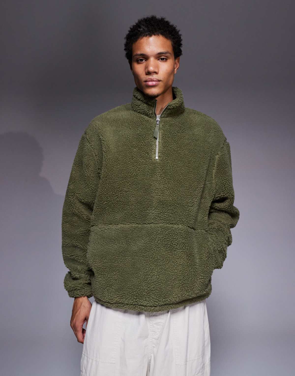 ASOS DESIGN oversized funnel neck zip through borg sweatshirt in dark green