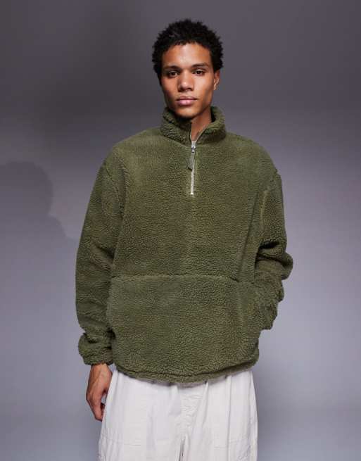 ASOS DESIGN oversized funnel neck zip through borg sweatshirt in dark green