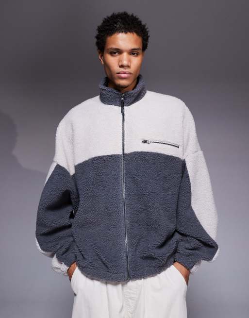 ASOS DESIGN oversized funnel neck zip through borg sweatshirt in grey