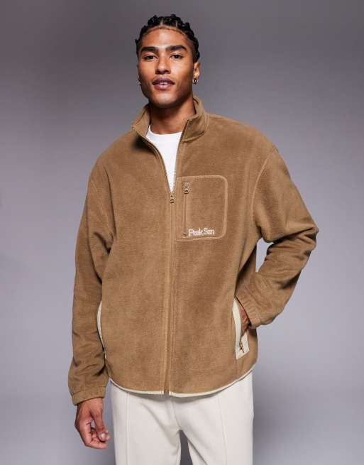ASOS DESIGN oversized funnel neck zip through fleece sweatshirt with chest pocket in brown