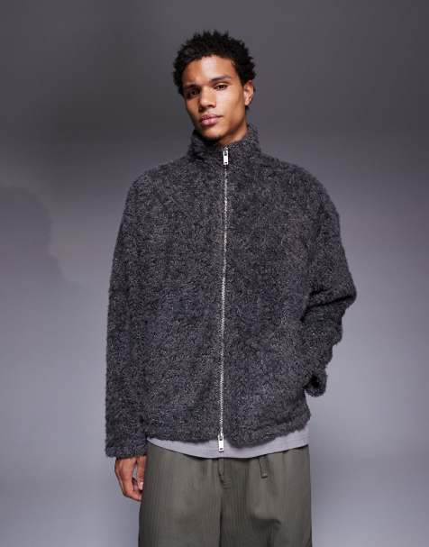 ASOS DESIGN oversized funnel neck zip through fur sweatshirt in charcoal - view 1