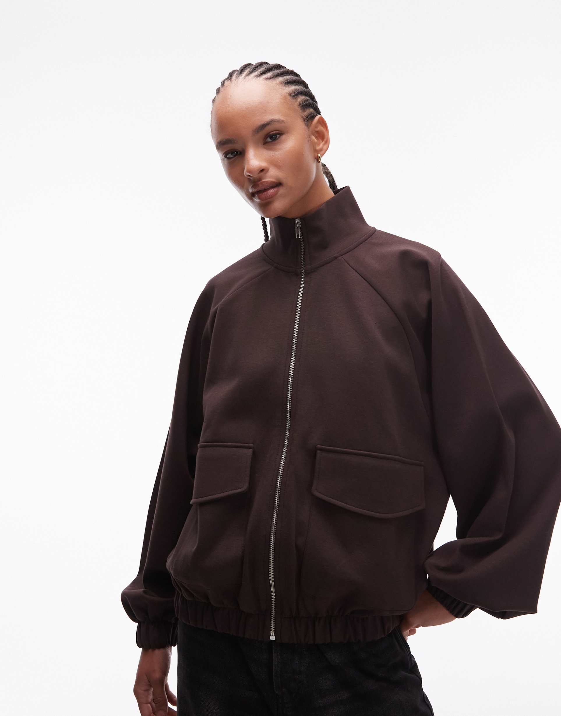 asos design oversized funnel neck zip through interlock sweatshirt with pockets in chocolate