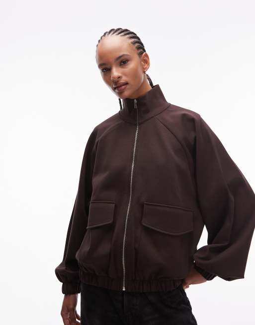 ASOS DESIGN oversized funnel neck zip through sweatshirt with pockets in chocolate