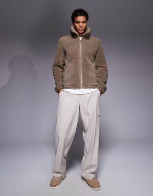 Asos Design Oversized Funnel Neck Zip Up Borg Sweatshirt In Animal Print