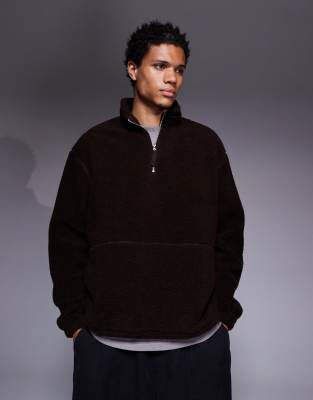 Asos Design Oversized Funnel Neck Zip Up Borg Sweatshirt In Brown