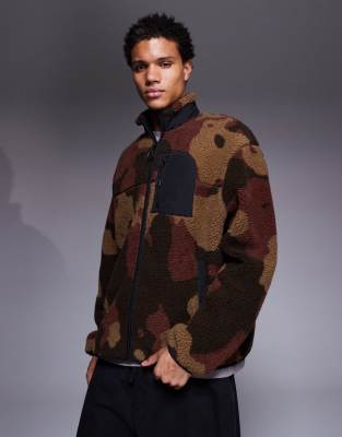 Asos Design Oversized Funnel Neck Zip Up Borg Sweatshirt In Brown