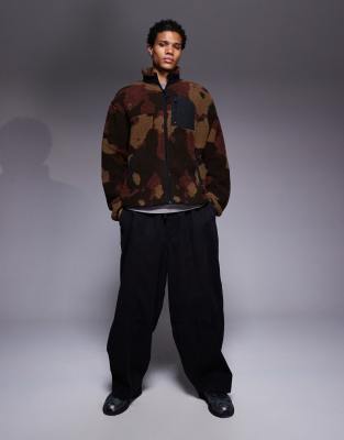 Asos Design Oversized Funnel Neck Zip Up Borg Sweatshirt In Brown