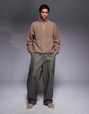 Asos Design Oversized Funnel Neck Zip Up Borg Sweatshirt In Brown