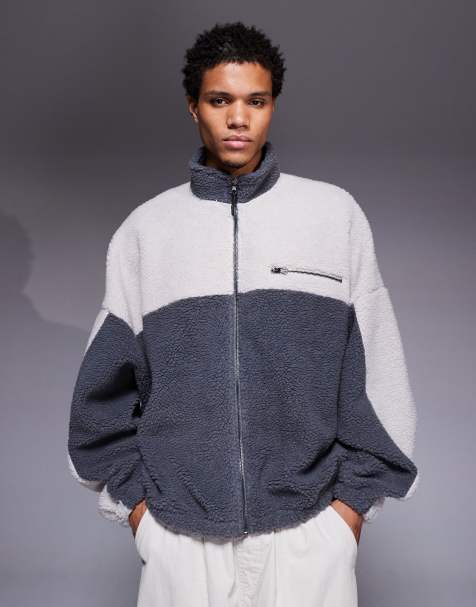 ASOS DESIGN oversized funnel neck zip up borg sweatshirt in gray - view 1