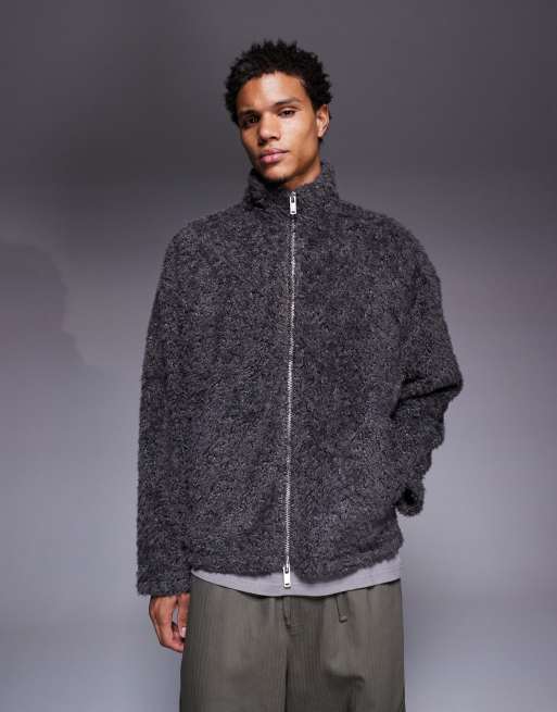 ASOS DESIGN oversized funnel neck zip up faux fur sweatshirt in charcoal