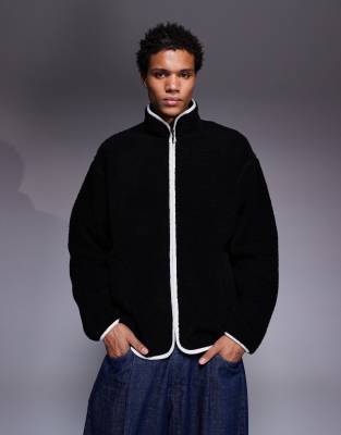 Asos Design Oversized Funnel Neck Zip Up Fleece Sweatshirt In Black