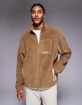 Asos Design Oversized Funnel Neck Zip Up Fleece Sweatshirt With Chest Pocket In Brown
