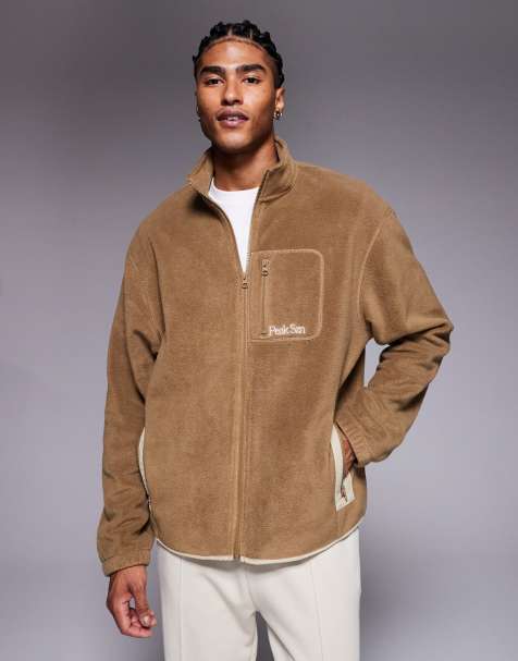 ASOS DESIGN oversized funnel neck zip up fleece sweatshirt with chest pocket in brown - view 1