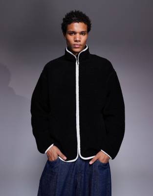 Asos Design Oversized Funnel Neck Zip Up Teddy Sweatshirt In Black