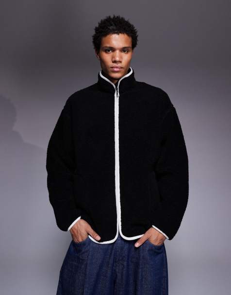 ASOS DESIGN oversized funnel neck zip up teddy sweatshirt in black - view 1