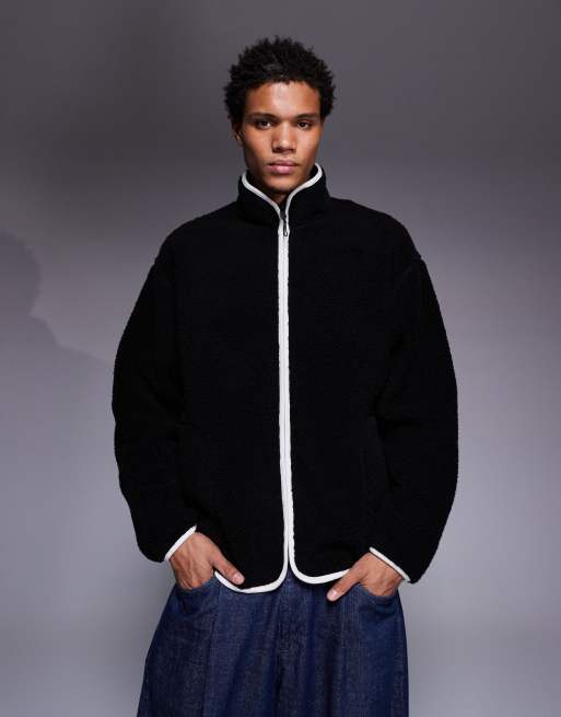ASOS DESIGN oversized funnel neck zip up teddy sweatshirt in black