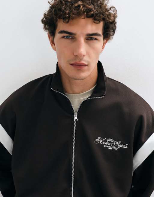 ASOS DESIGN oversized funnel zip through sweatshirt with laid on panels and chest embroidery in brown, 4 of 5