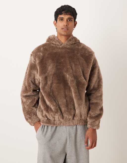 ASOS DESIGN oversized fur hoodie in brown