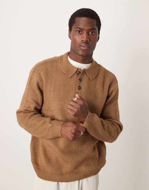 ASOS DESIGN - Oversized geborsteld gebreide polo in bruin - view 1