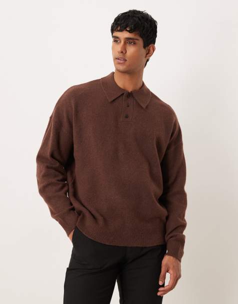 ASOS DESIGN - Oversized geborsteld gebreide polo in bruin - view 1