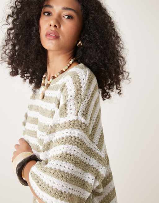 ASOS DESIGN - Oversized gebreid gestreept T-shirt in olijfgroen en crème, deel van co-ord set, 3 van 4