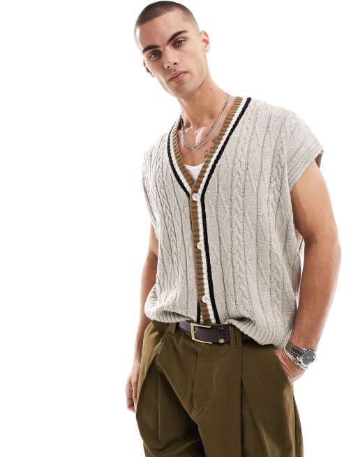 ASOS DESIGN - Oversized gebreid mouwloos vest met een gekleurd randje in ecru