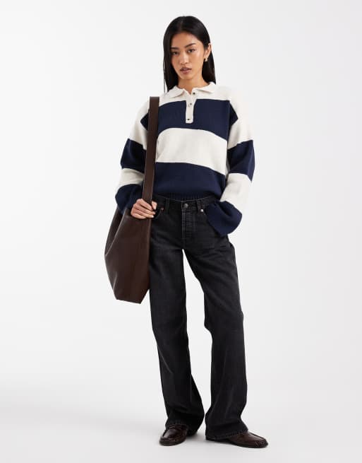 ASOS DESIGN - Oversized gebreid rugbyshirt met contrasterende kraag van poplin en strepen, 2 van 4