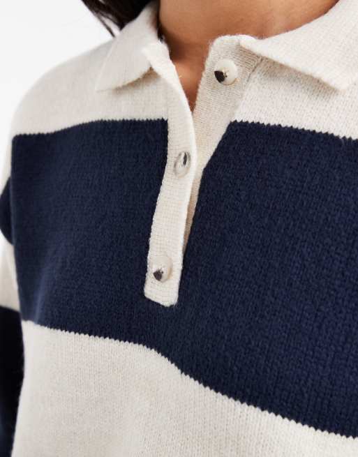ASOS DESIGN - Oversized gebreid rugbyshirt met contrasterende kraag van poplin en strepen, 3 van 4