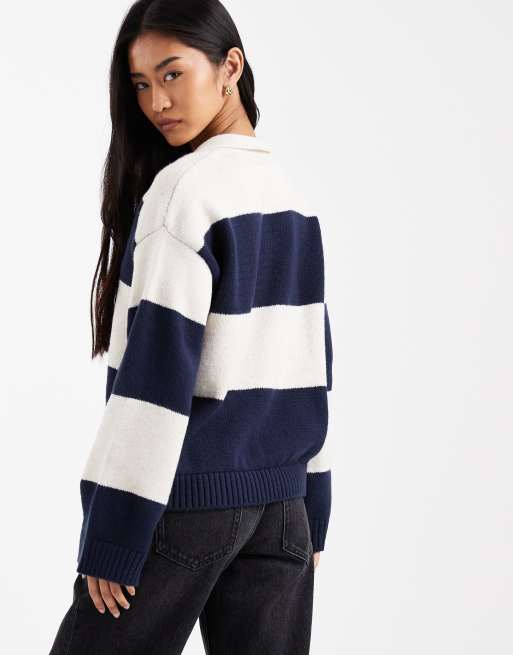 ASOS DESIGN - Oversized gebreid rugbyshirt met contrasterende kraag van poplin en strepen, 4 van 4