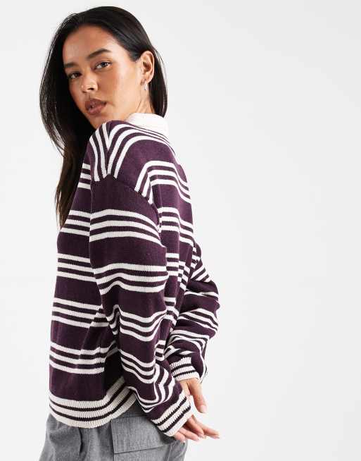 ASOS DESIGN - Oversized gebreid rugbyshirt met strepen in pruim, 2 van 4