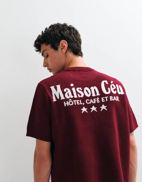 ASOS DESIGN - Oversized gebreid T-shirt met grafische print in bessenrood - view 1