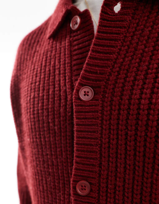 ASOS DESIGN - Oversized gebreid vest van zware wolmix met knoopsluiting in bordeauxrood, 3 van 4