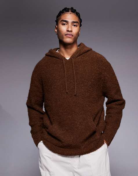 ASOS DESIGN - Oversized gebreide bouclé hoodie in bruin - view 1
