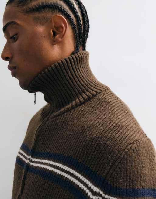 ASOS DESIGN oversized gebreide col in bruin met blauwe streep, 2 van 5