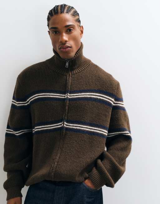 ASOS DESIGN oversized gebreide col in bruin met blauwe streep, 3 van 5