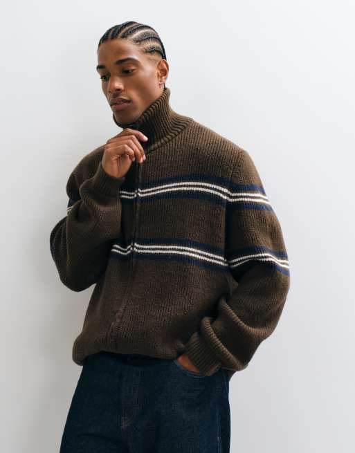 ASOS DESIGN oversized gebreide col in bruin met blauwe streep, 4 van 5