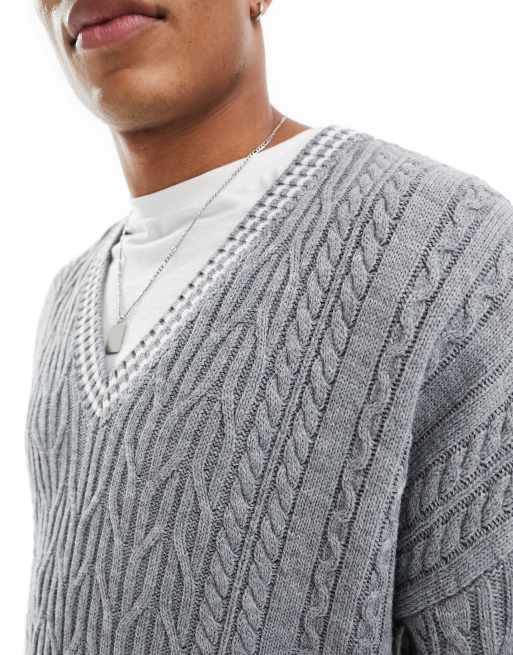 ASOS DESIGN - Oversized gebreide cricket trui met kabels in grijs met witte biezen, 4 van 4