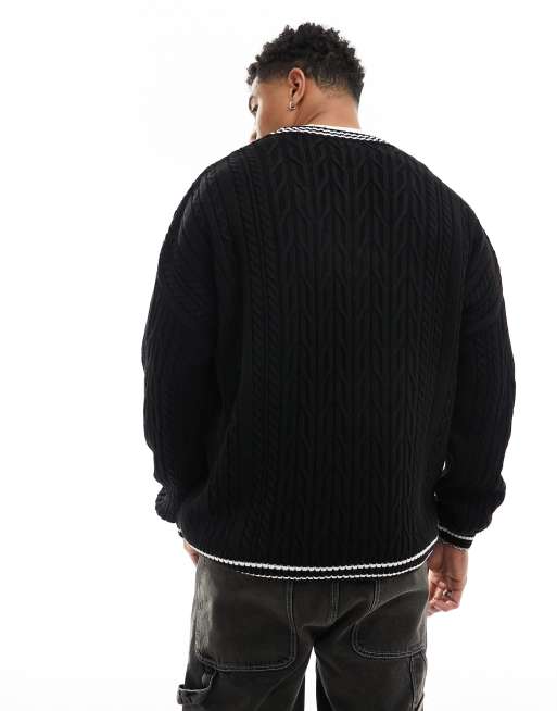 ASOS DESIGN - Oversized gebreide cricket trui met kabels in zwart met witte biezen, 3 van 4
