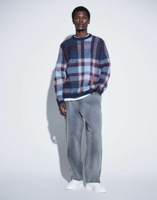 ASOS DESIGN oversized gebreide geborstelde geruite trui in navy, 3 van 5