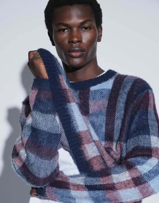 ASOS DESIGN oversized gebreide geborstelde geruite trui in navy, 4 van 5