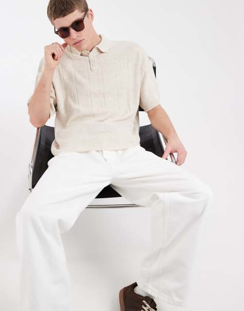 ASOS DESIGN - Oversized gebreide geribbelde polo met korte mouwen in ecru - view 1