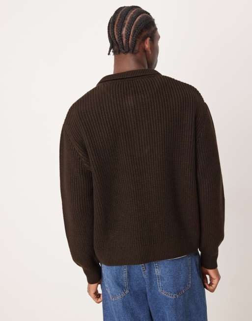ASOS DESIGN - Oversized gebreide geribbelde polo met rits in bruin, 4 van 4