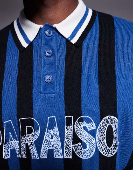 ASOS DESIGN - Oversized gebreide gestreepte polo. met grafische print in blauw, 5 van 5